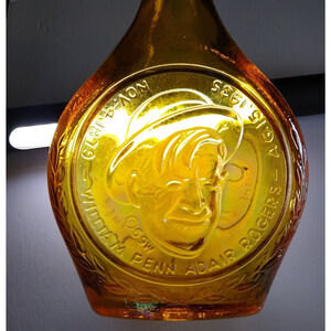 Wheaton Will Rogers Amber Yellow Glass Bottle Retro 1969 Vintage Rope Vaudeville